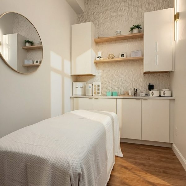 A modern spa room with a massage table, shelves, cabinets, and warm wooden flooring.
